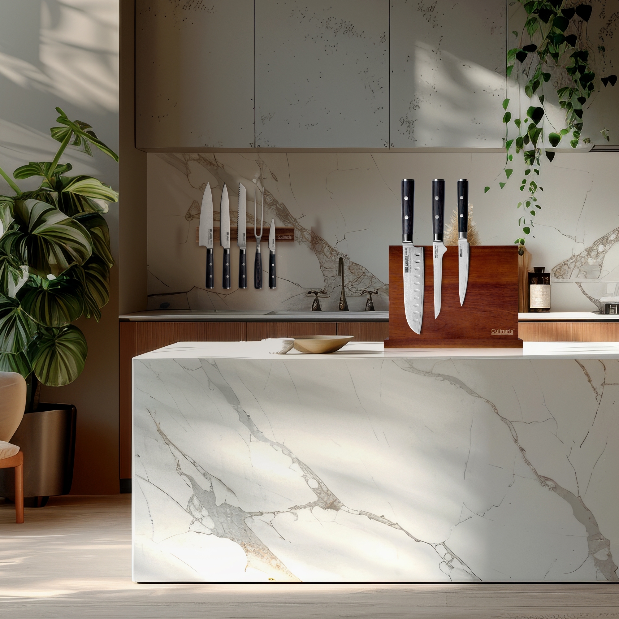 Knife bar + 4 knives + meat fork - Damascus Master - 6 pcs. | Culinaris Knife bar + 4 knives + meat fork - Damascus Master - 6 pcs. | Culinaris