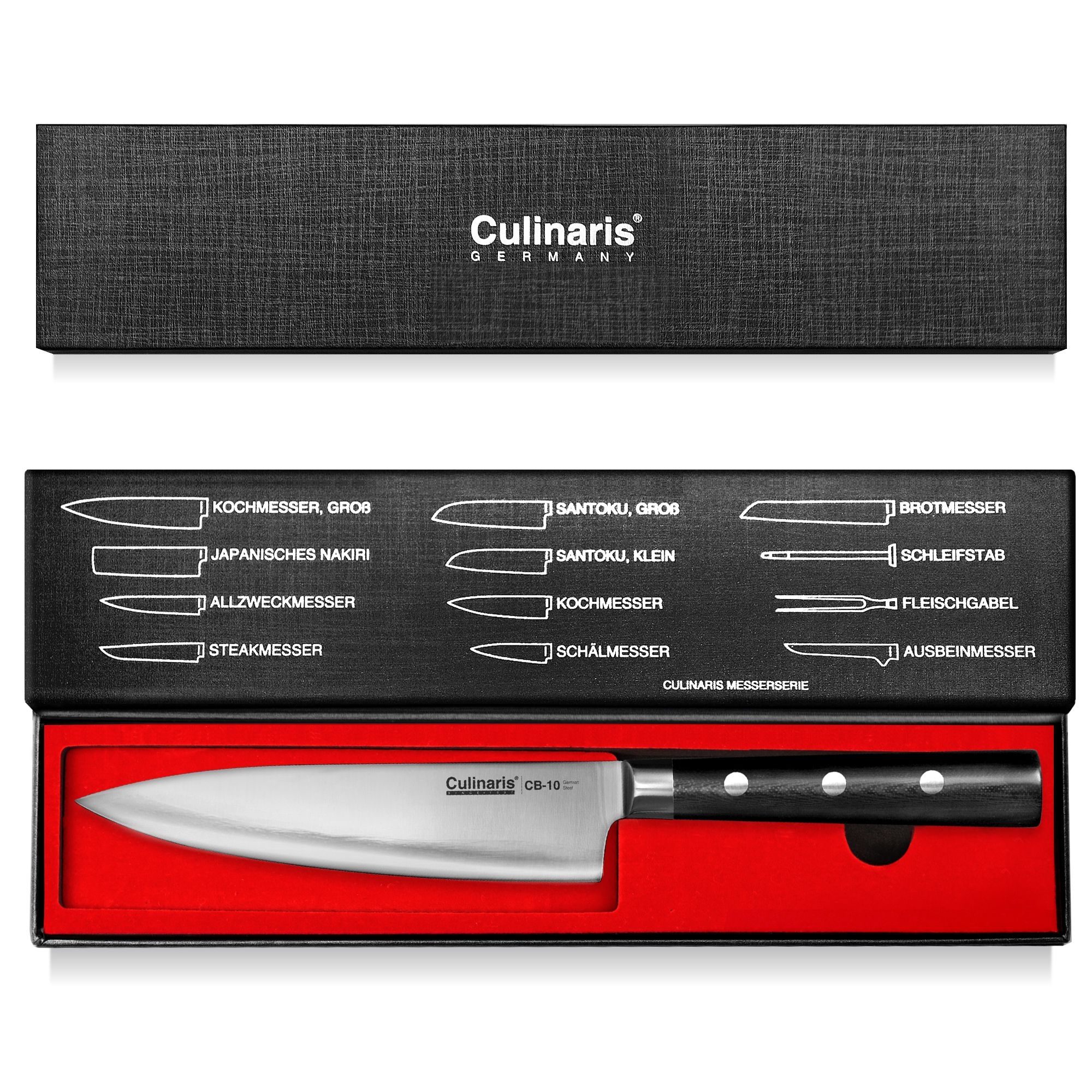 Culinaris - Chopping board NERO - 45 x 30 x 0,9 cm + Paring Knife CB-01  + Santoku CB-04 + Chef's Knife  CB-08
