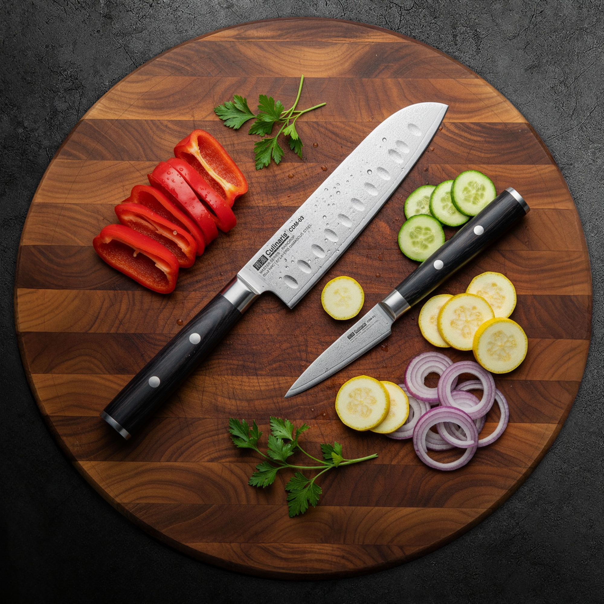 Kitchen knives and vegetables on round cutting board