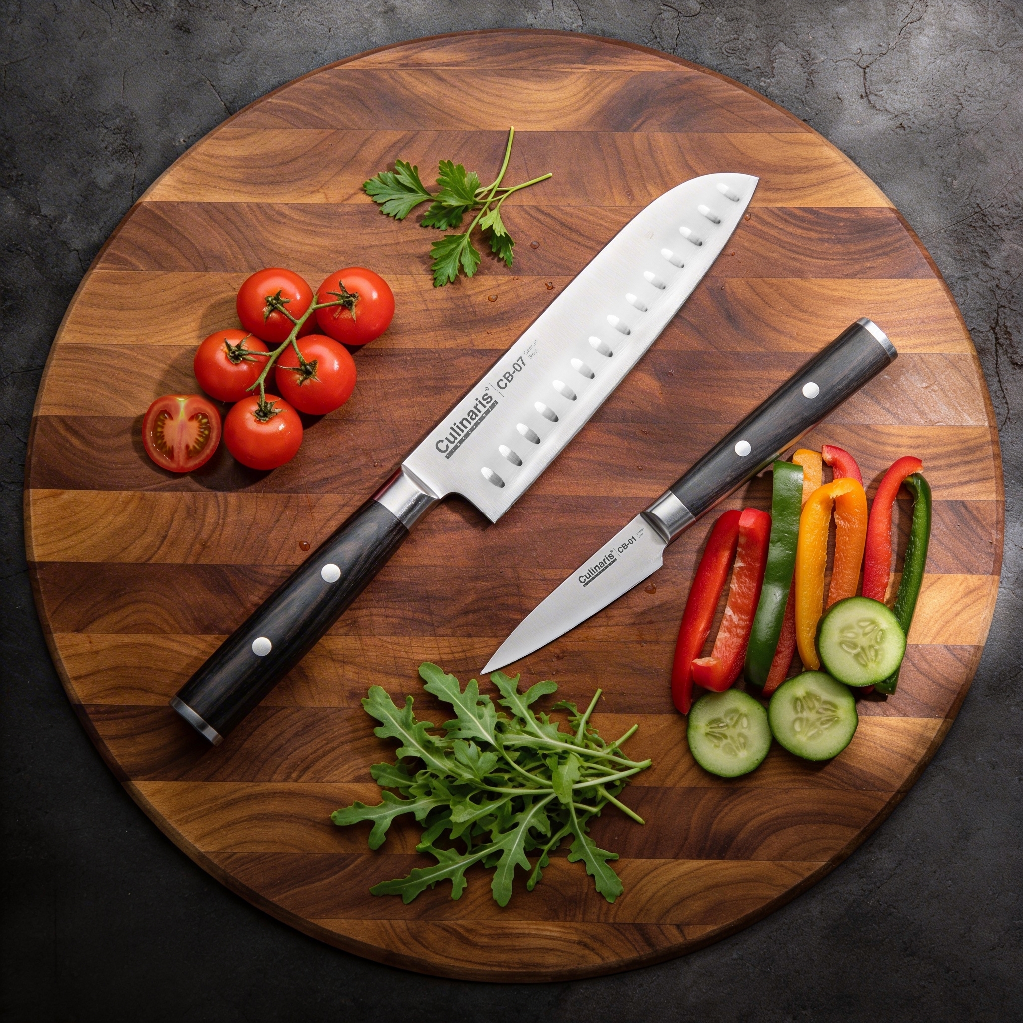Culinaris Santoku und Schälmesser Black Serie auf Brett