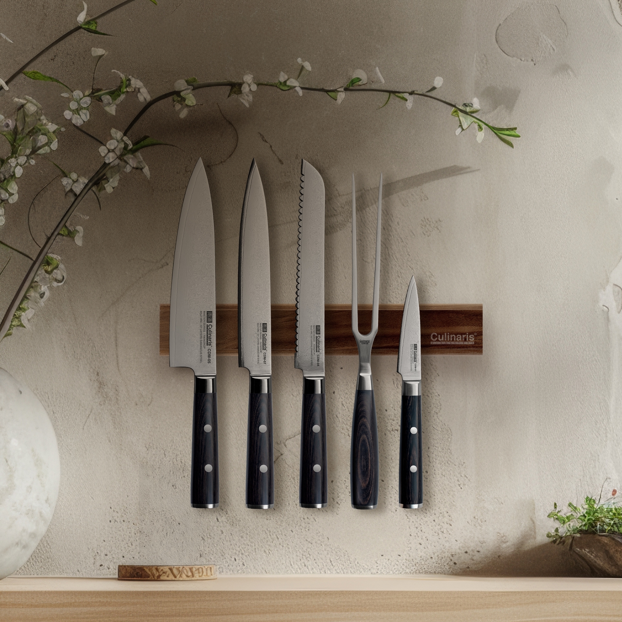 Culinaris - Magnetische Messerleiste + 4 Damascus Messer + Fleischgabel | 6 tlg.