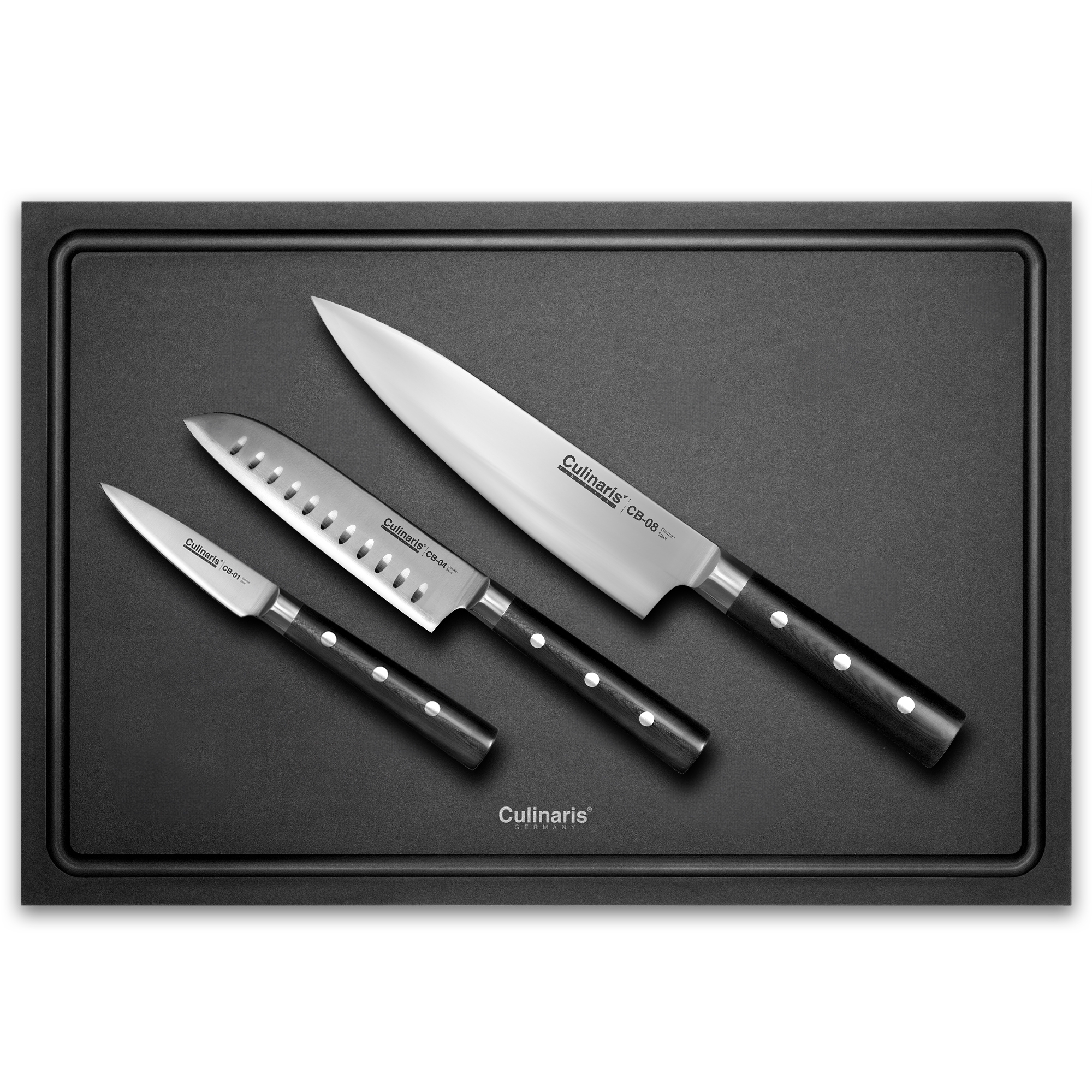 Culinaris - Chopping board NERO - 45 x 30 x 0,9 cm + Paring Knife CB-01  + Santoku CB-04 + Chef's Knife  CB-08