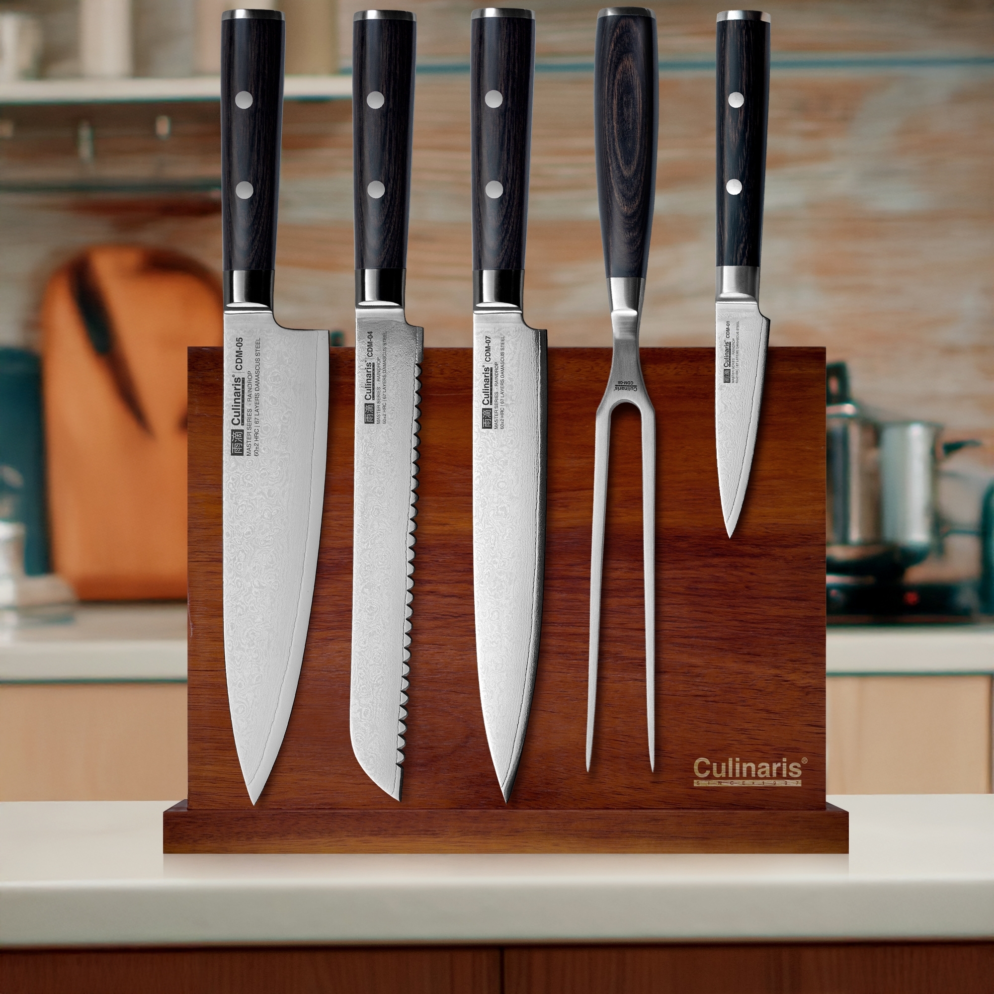 Knife block + 4 knives + meat fork - Damascus Master - 6-pcs. | Culinaris Knife block + 4 knives + meat fork - Damascus Master - 6-pcs. | Culinaris