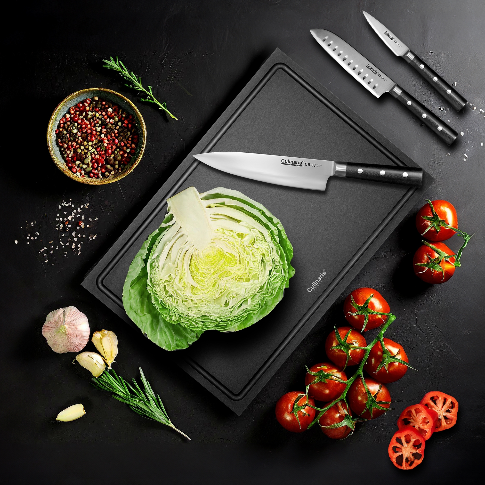 Culinaris - Chopping board NERO - 45 x 30 x 0,9 cm + Paring Knife CB-01  + Santoku CB-04 + Chef's Knife  CB-08