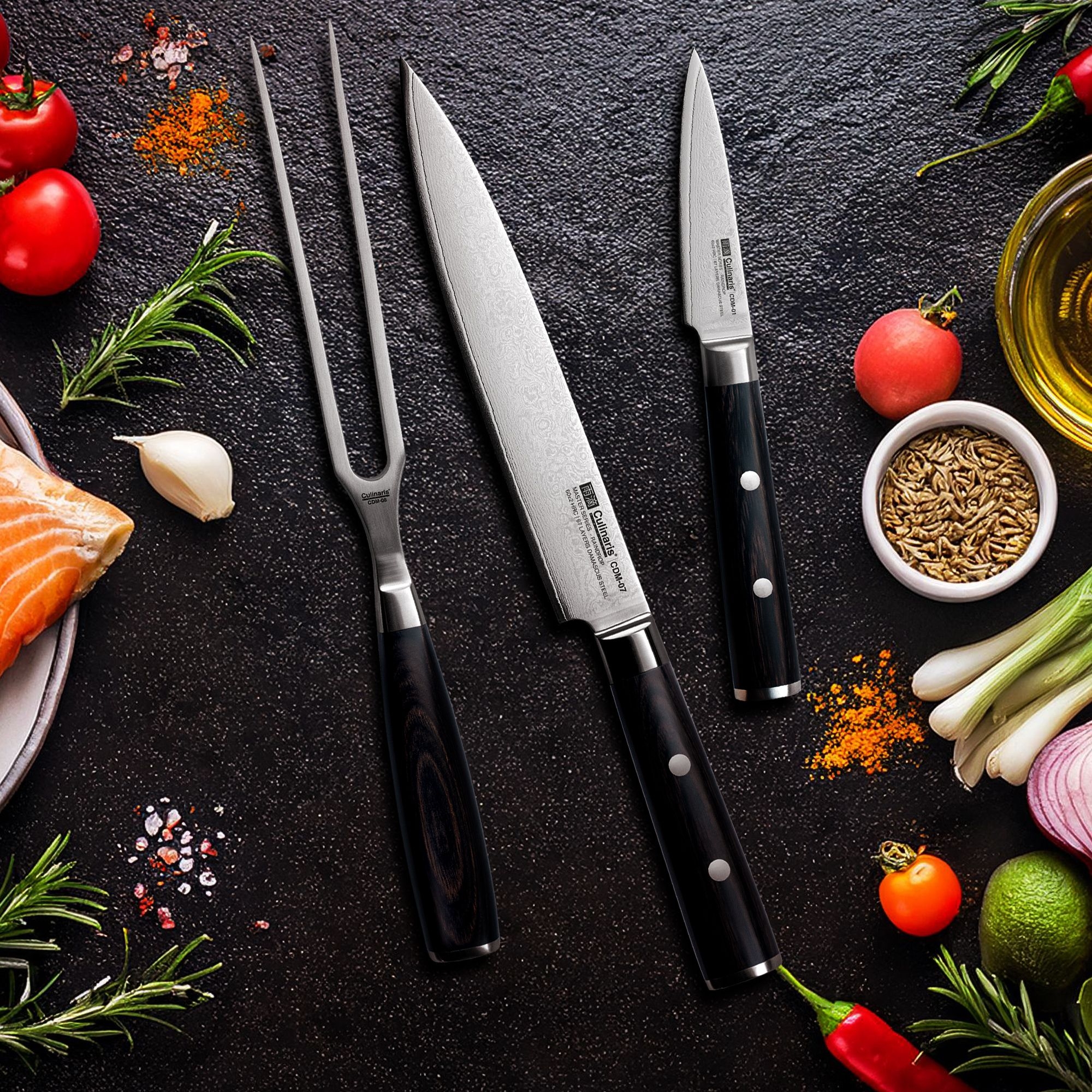 Knife block + 4 knives + meat fork - Damascus Master - 6-pcs. | Culinaris Knife block + 4 knives + meat fork - Damascus Master - 6-pcs. | Culinaris