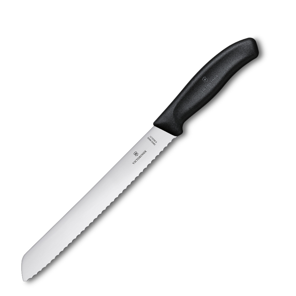 Black Victorinox bread knife with serrated edge