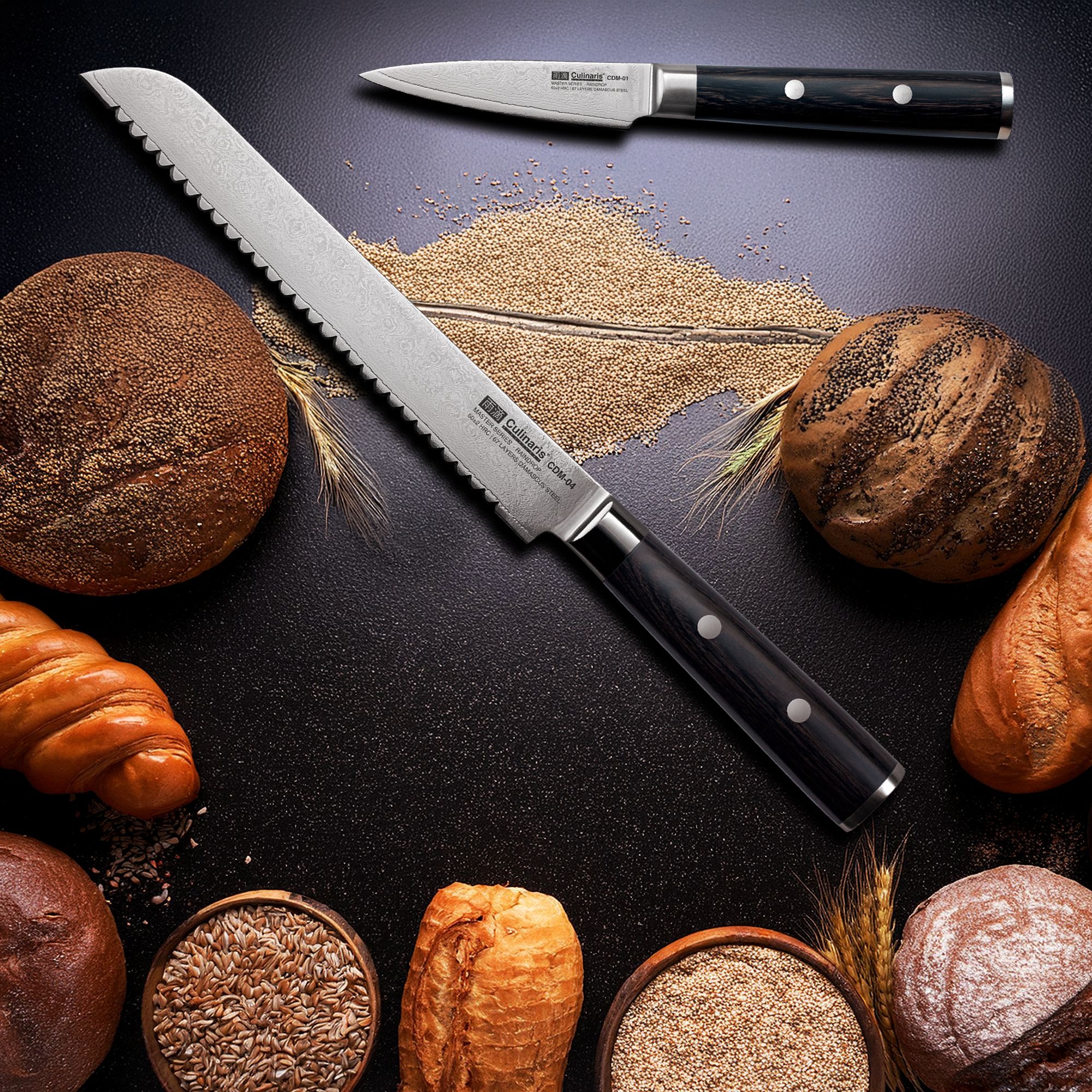 Culinaris - Magnetische Messerleiste + 4 Damascus Messer + Fleischgabel | 6 tlg.