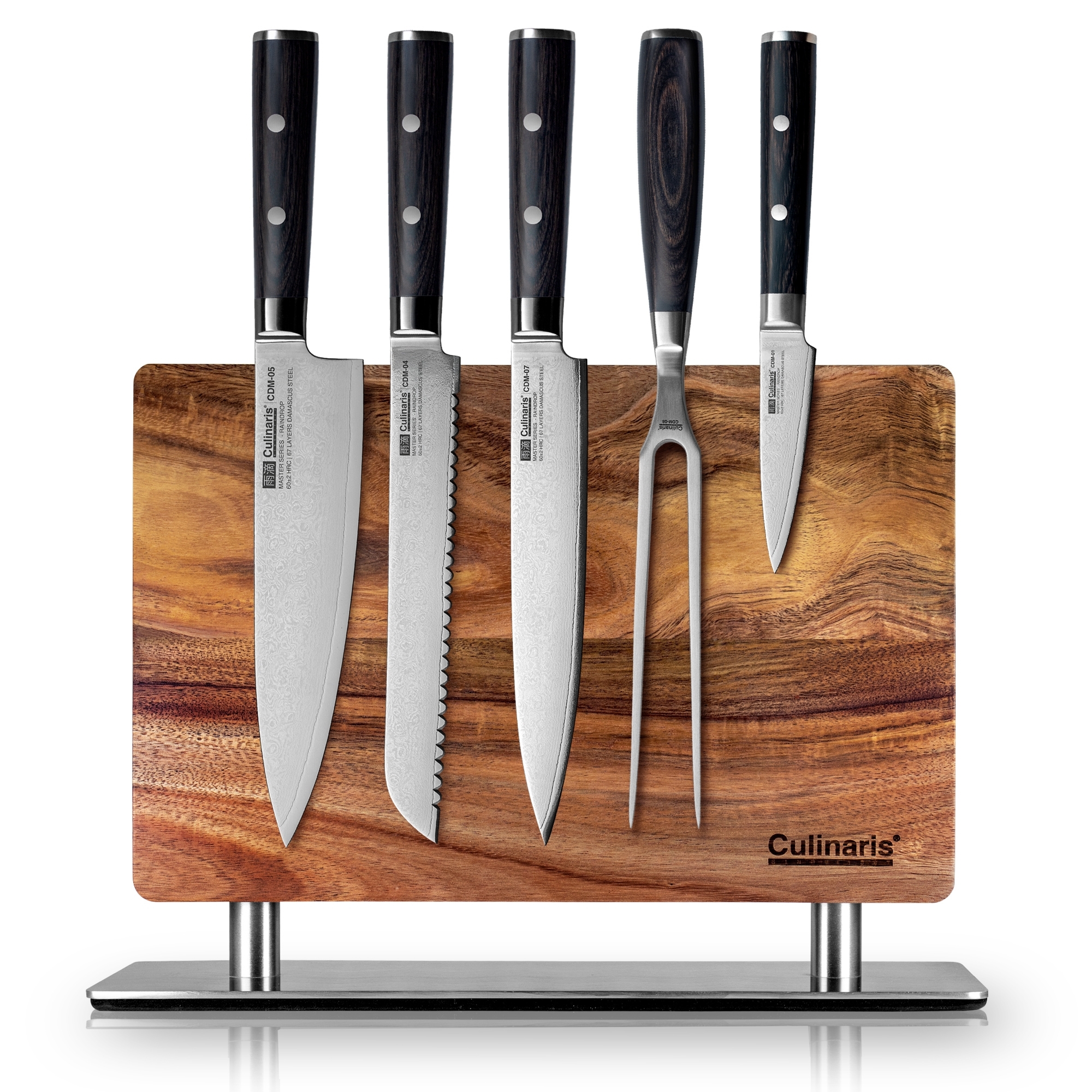 Knife block + 4 knives + meat fork - Damascus Master - 6-pcs. | Culinaris