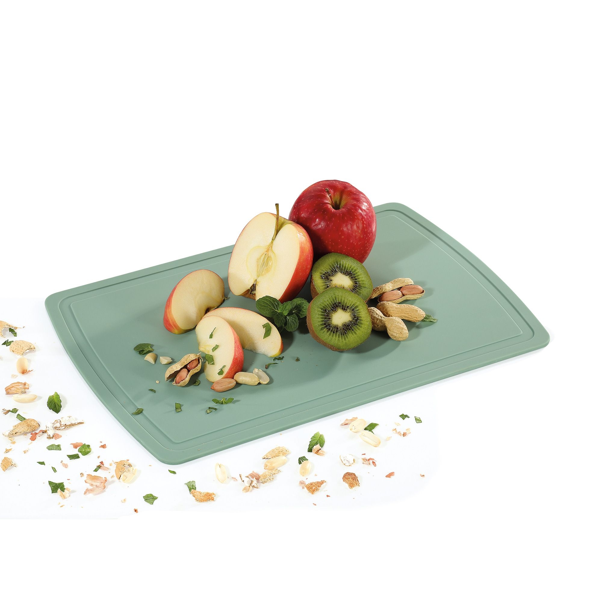 Jadefarbene Zassenhaus Schneidmatte mit Obst und Nüssen