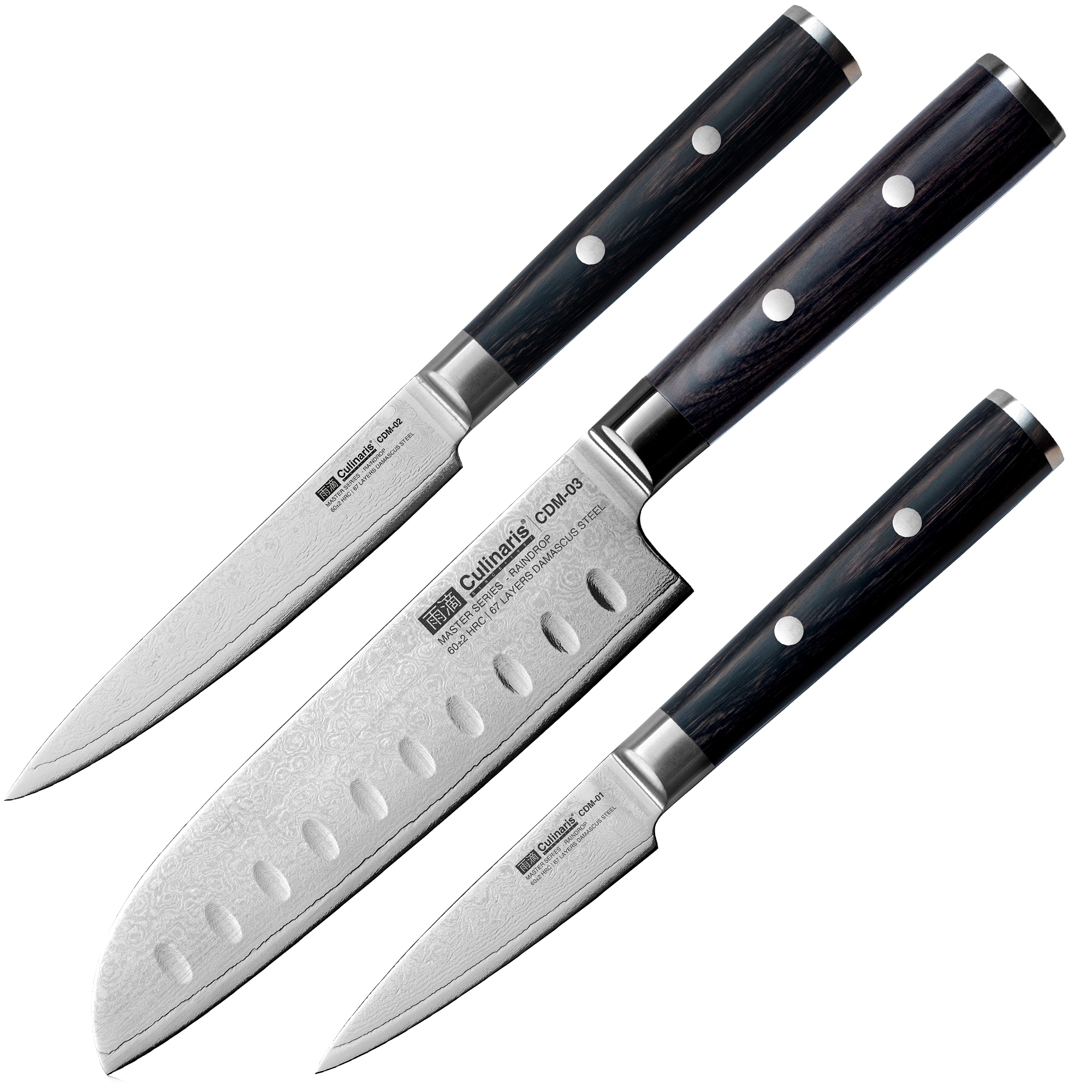 Culinaris Messer-Set - Santoku + Allzweckmesser + Schälmesser | Damascus Master