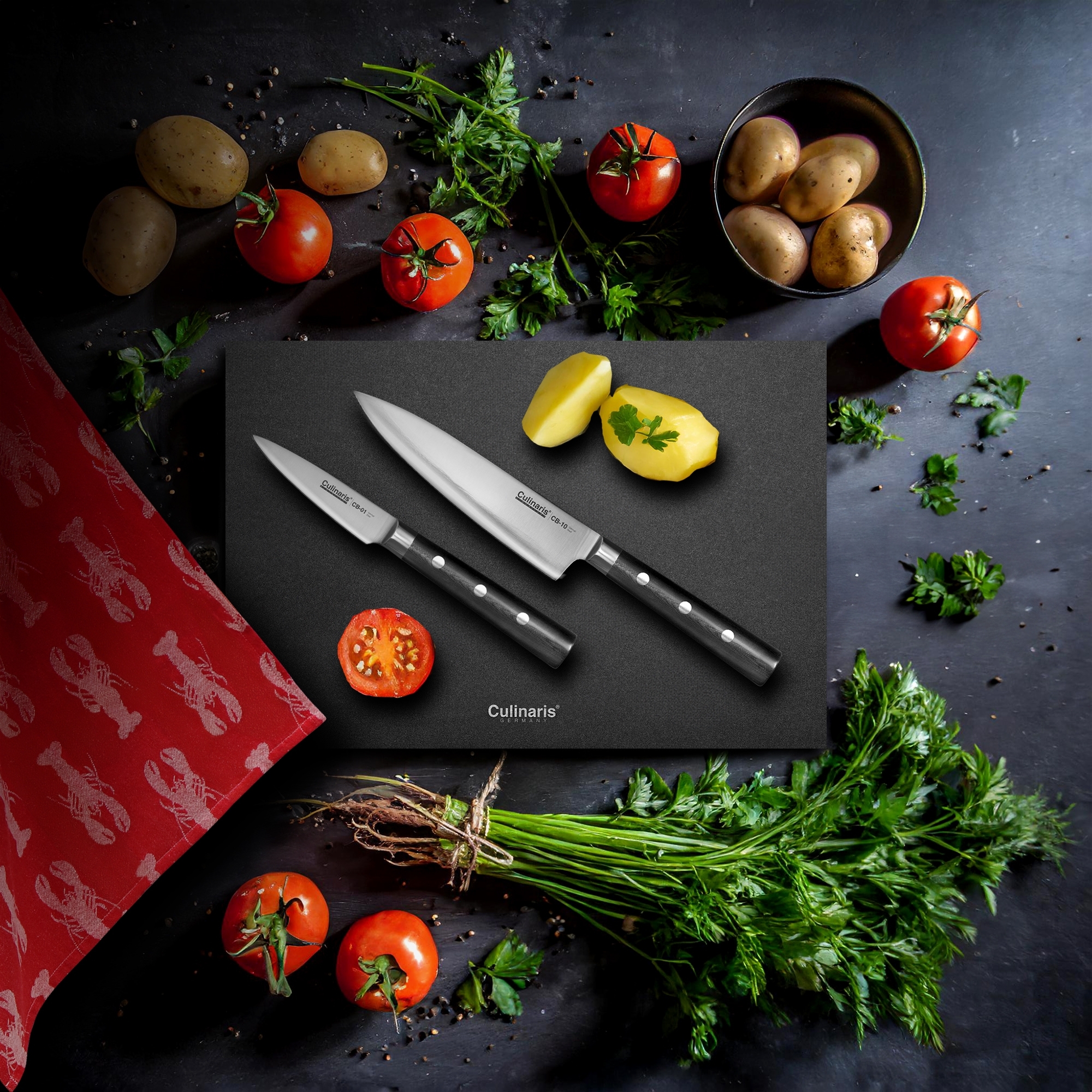 Culinaris - Chopping board NERO - 30 x 20 x 0,7 cm + Paring Knife CB-01 + Chef's Knife small CB-10