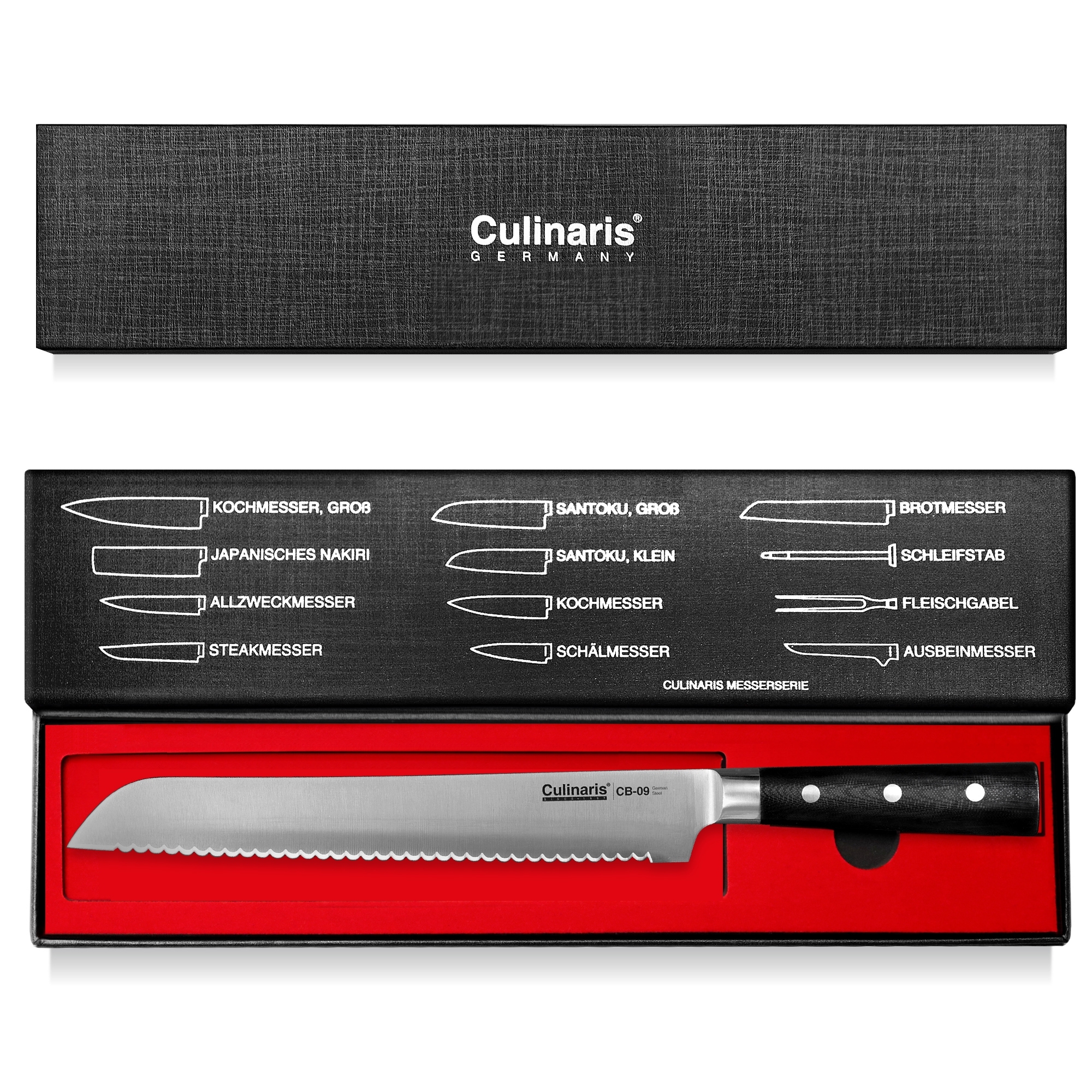 Culinaris - Brotmesser doppelseitig geschliffene Klinge 25 cm Black Serie | CB-09