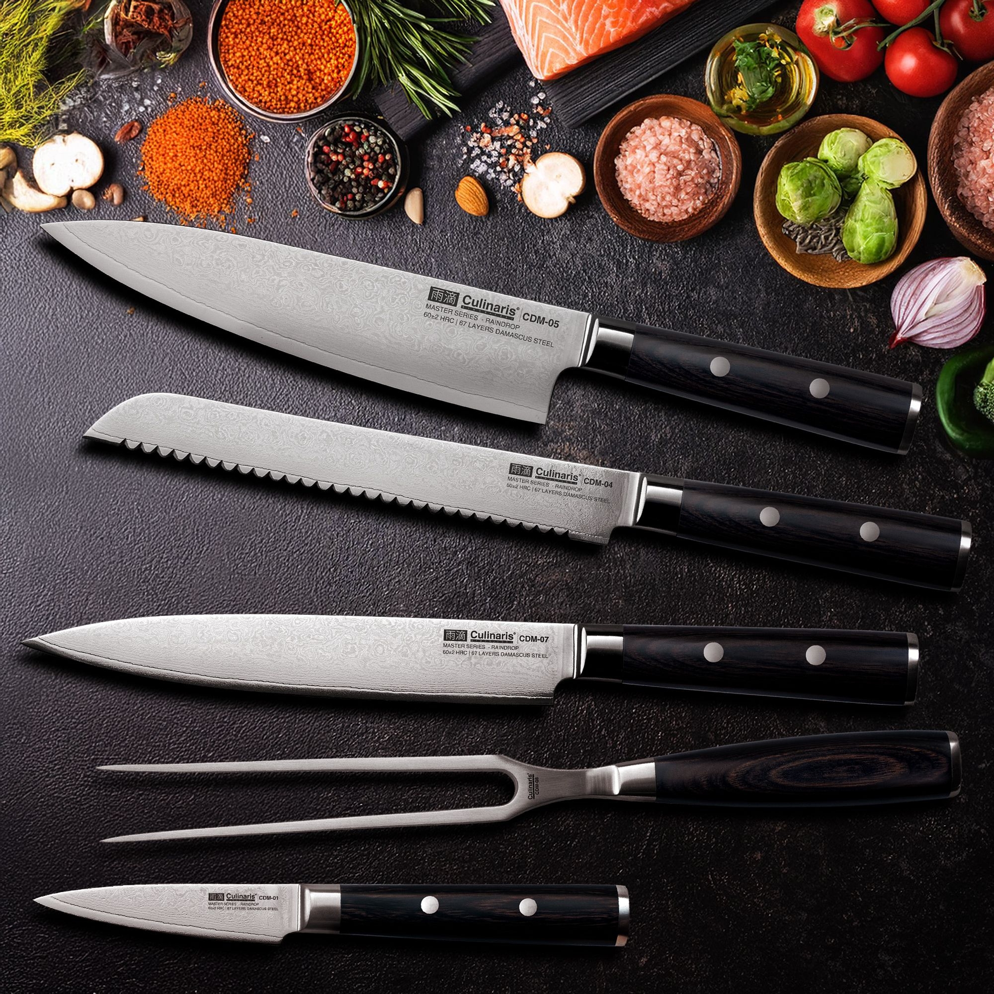 Knife bar + 4 knives + meat fork - Damascus Master - 6 pcs. | Culinaris Knife bar + 4 knives + meat fork - Damascus Master - 6 pcs. | Culinaris