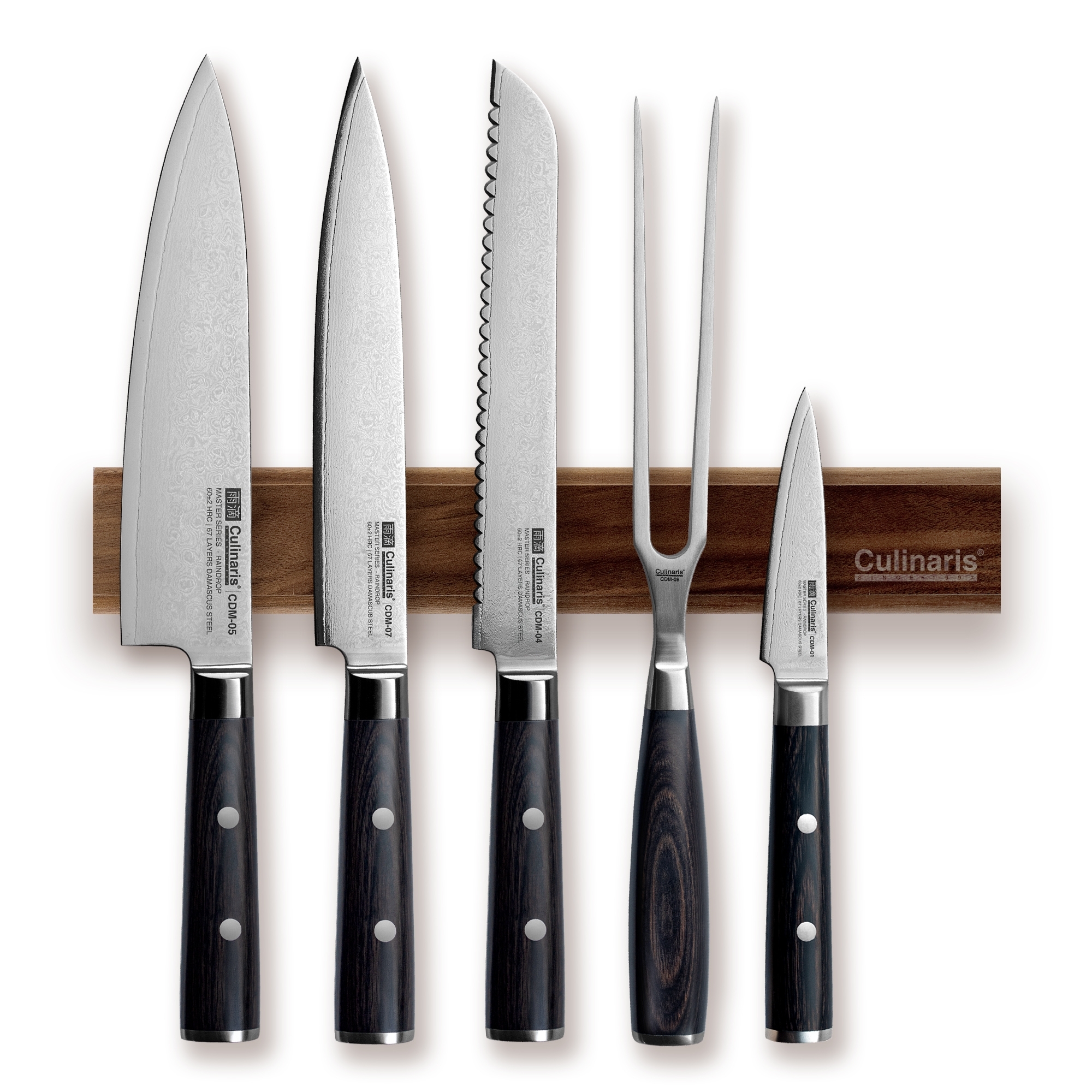 Culinaris - Magnetische Messerleiste + 4 Damascus Messer + Fleischgabel | 6 tlg.