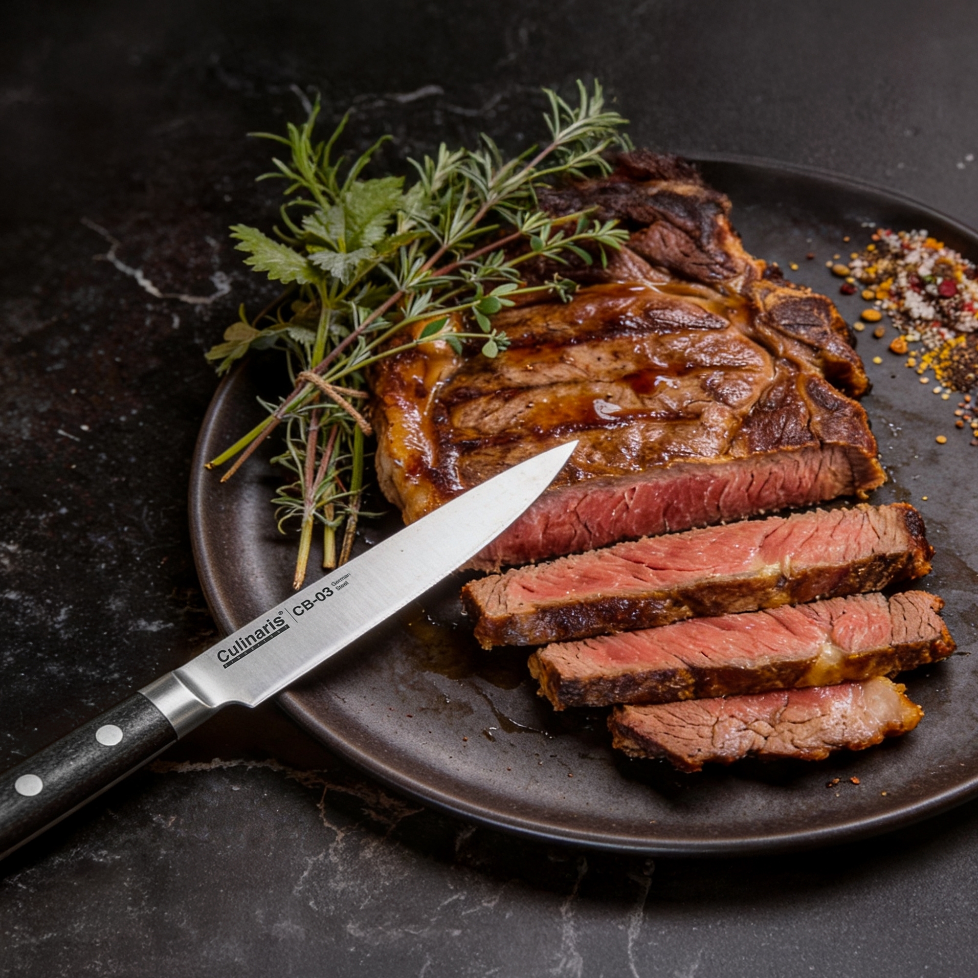 Culinaris Steakmesser Black Serie CB-03 schneidet Steak